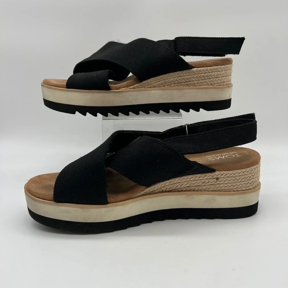 TOMS Dianna Crossover Platform Espadrille Wedge Sandals 8 Black Slingback Canvas